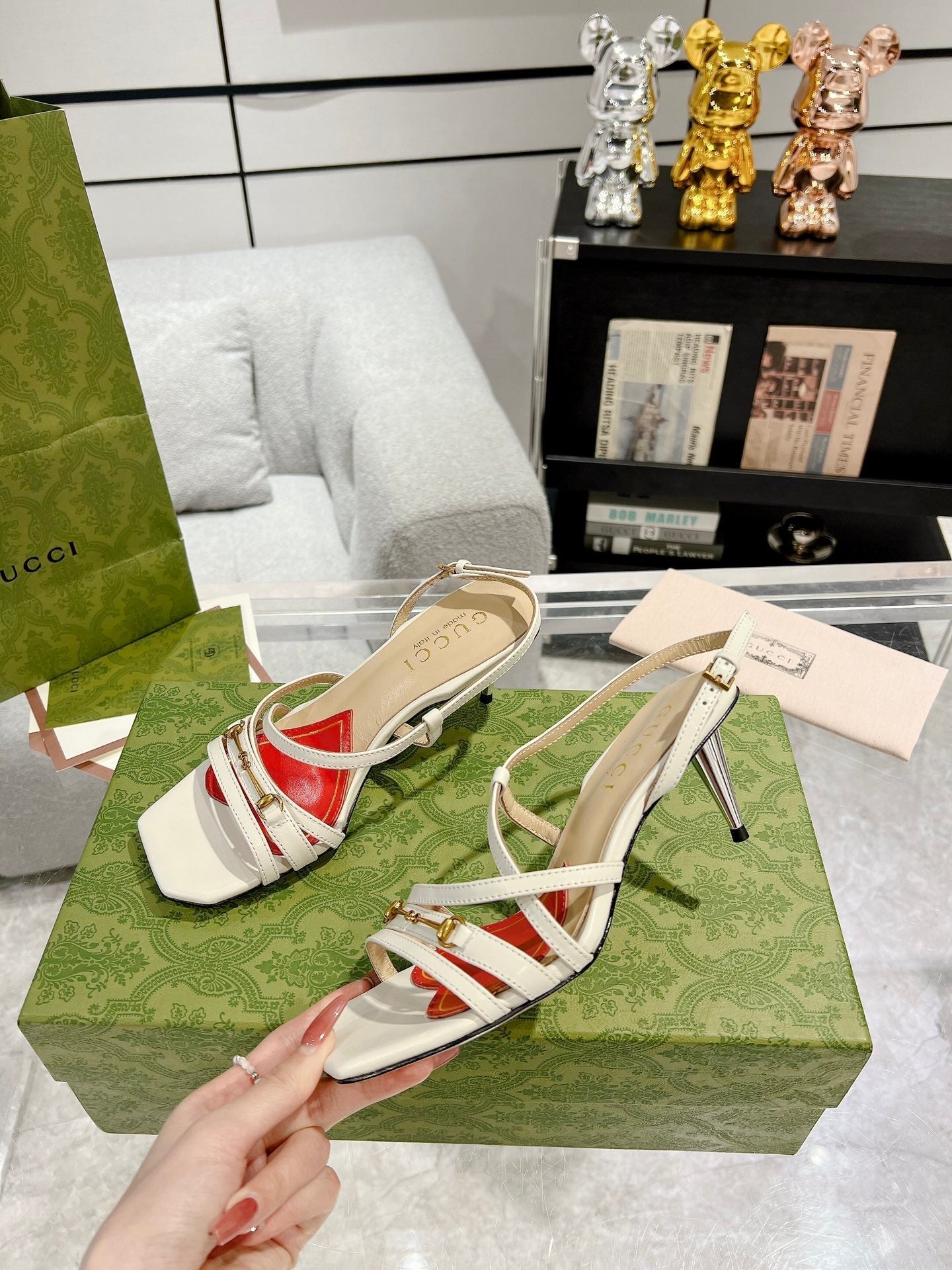 GUCCI CLASSIC STRAPPY HEEL SANDAL WHITE CALFSKIN