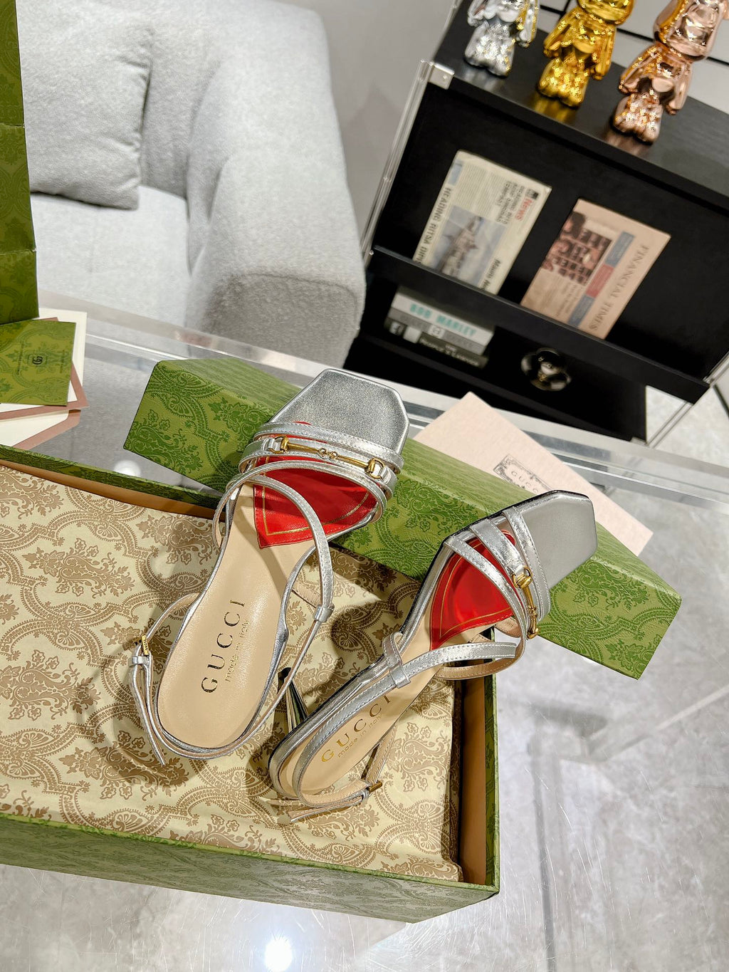 GUCCI HIGH HEEL 65MM IN SILVER CALFSKIN WITH RED HEART