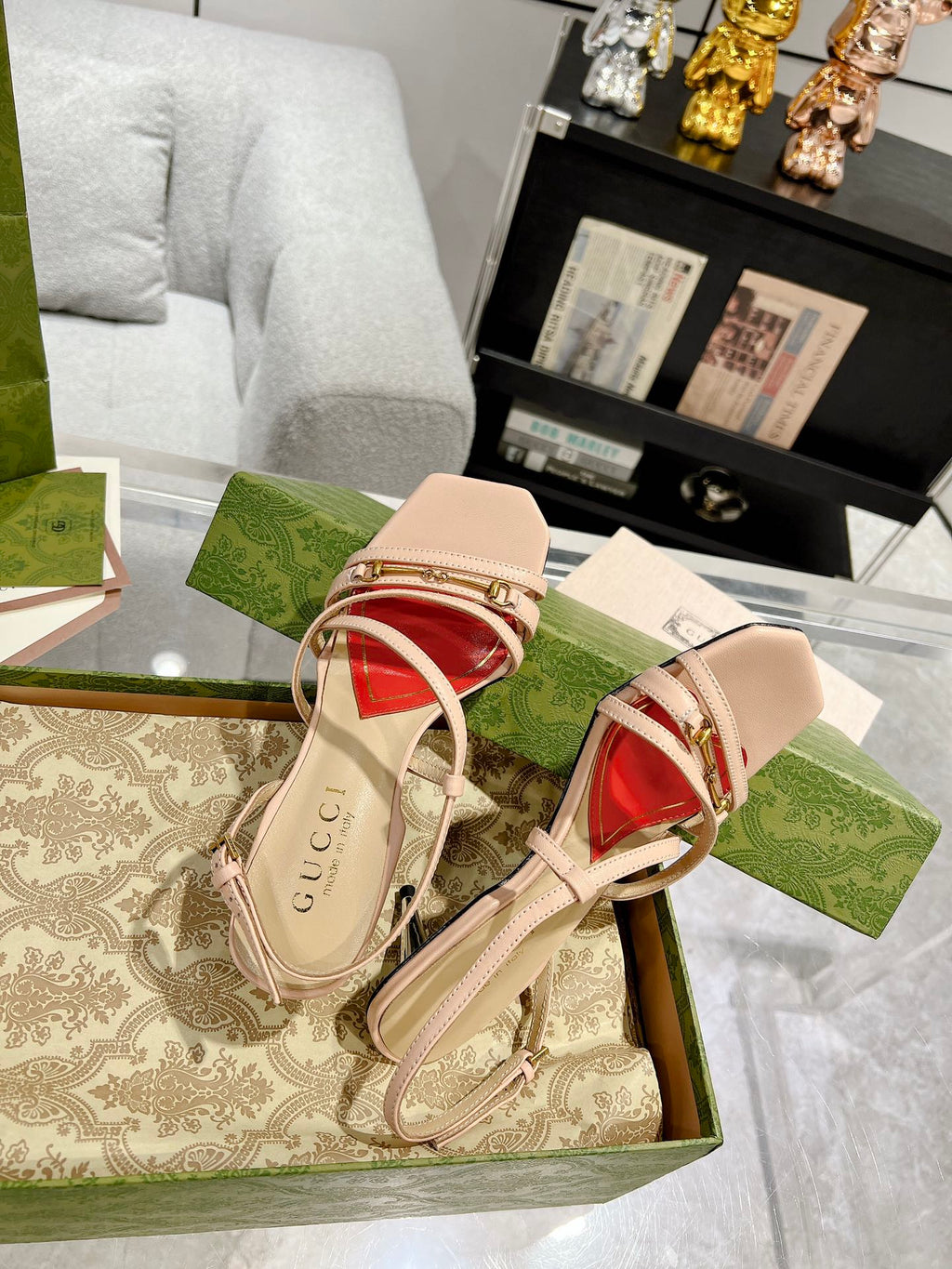 GUCCI CLASSIC STRAPPY HEEL SANDAL PASTEL PINK CALFSKIN