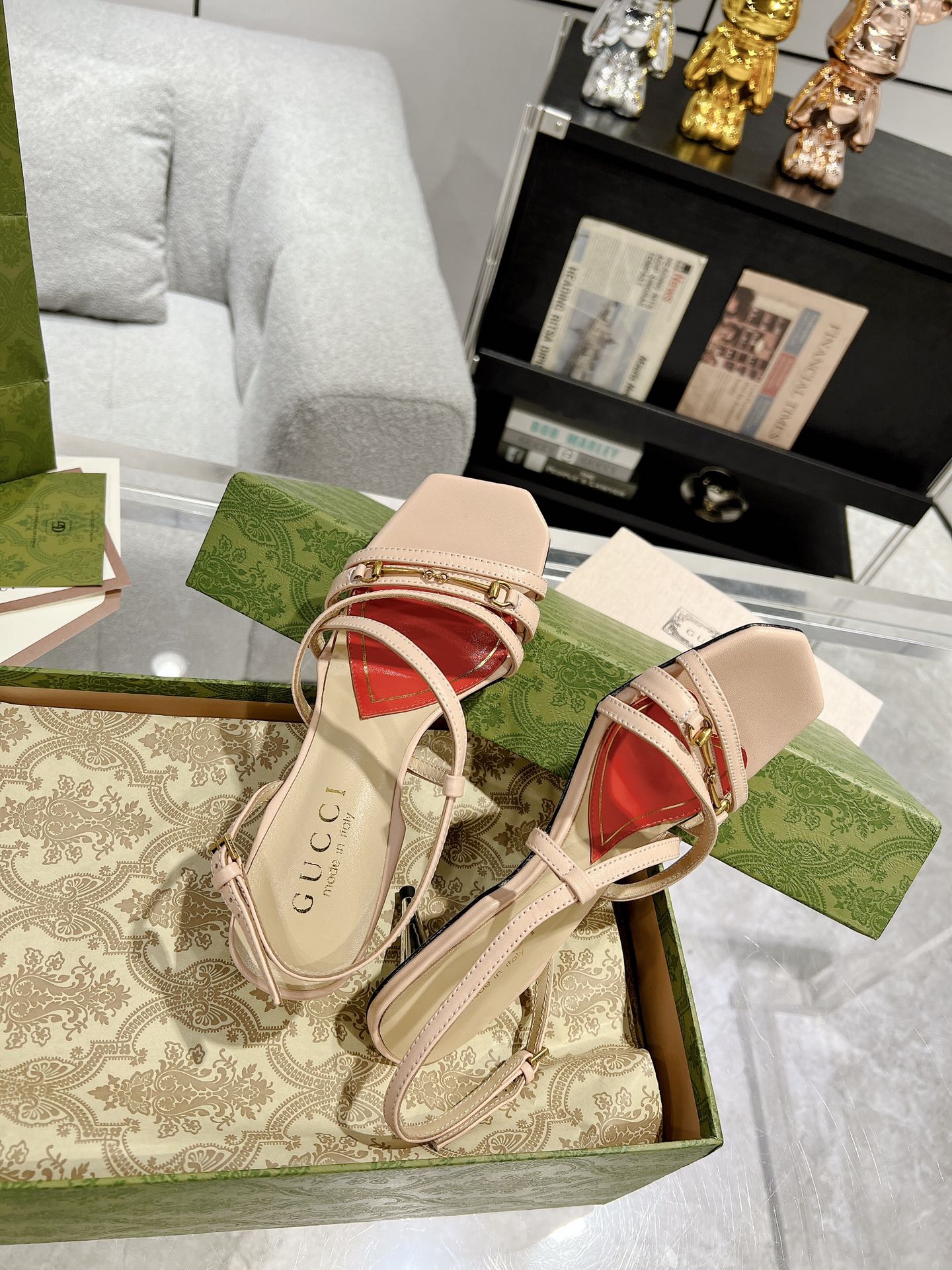 GUCCI CLASSIC STRAPPY HEEL SANDAL PASTEL PINK CALFSKIN