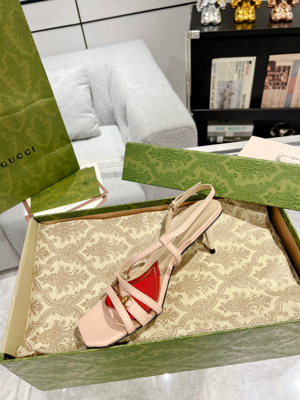 GUCCI CLASSIC STRAPPY HEEL SANDAL PASTEL PINK CALFSKIN