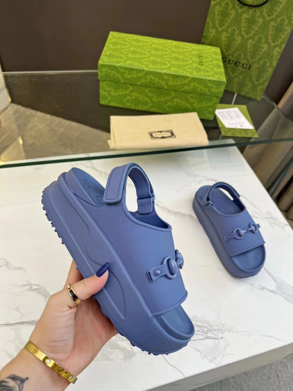 GUCCI HORSEBIT FLATFORM SANDAL 5 CM IN AEGEAN BLUE IMPORTED TPU