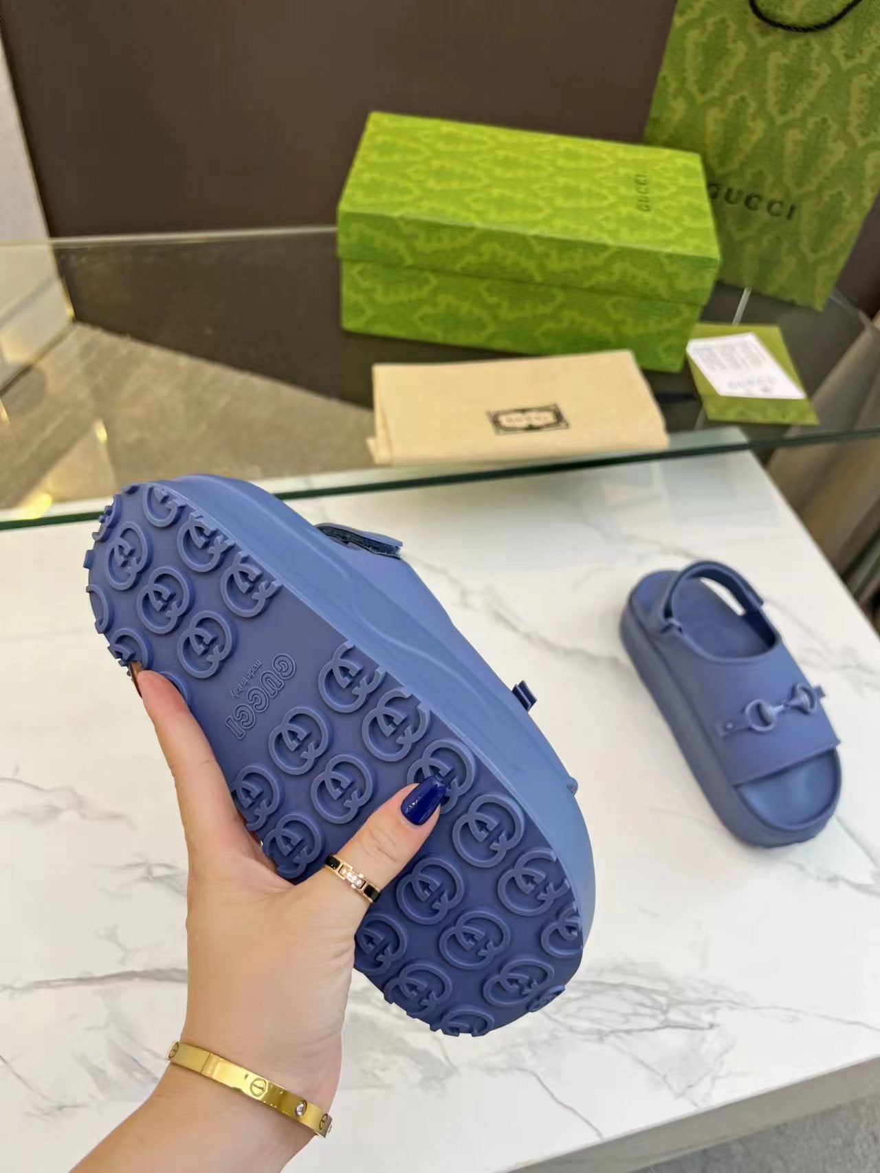 GUCCI HORSEBIT FLATFORM SANDAL 5 CM IN AEGEAN BLUE IMPORTED TPU