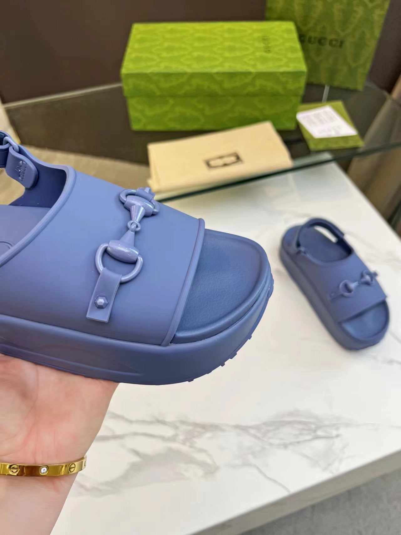 GUCCI HORSEBIT FLATFORM SANDAL 5 CM IN AEGEAN BLUE IMPORTED TPU