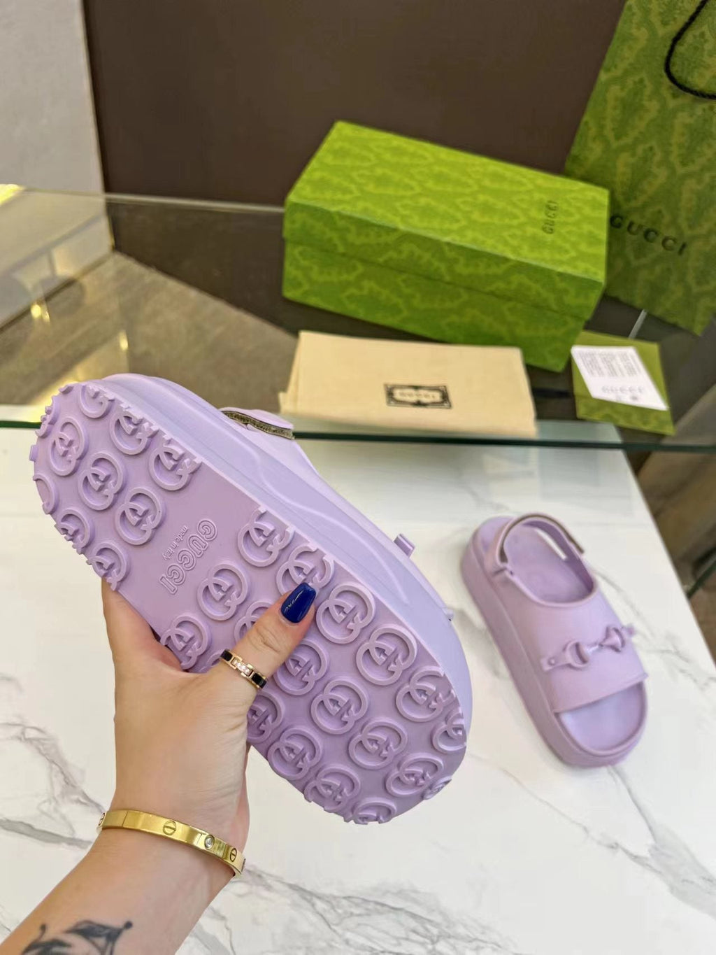 GUCCI HORSEBIT FLATFORM SANDAL 5 CM IN PASTEL PURPLE IMPORTED TPU