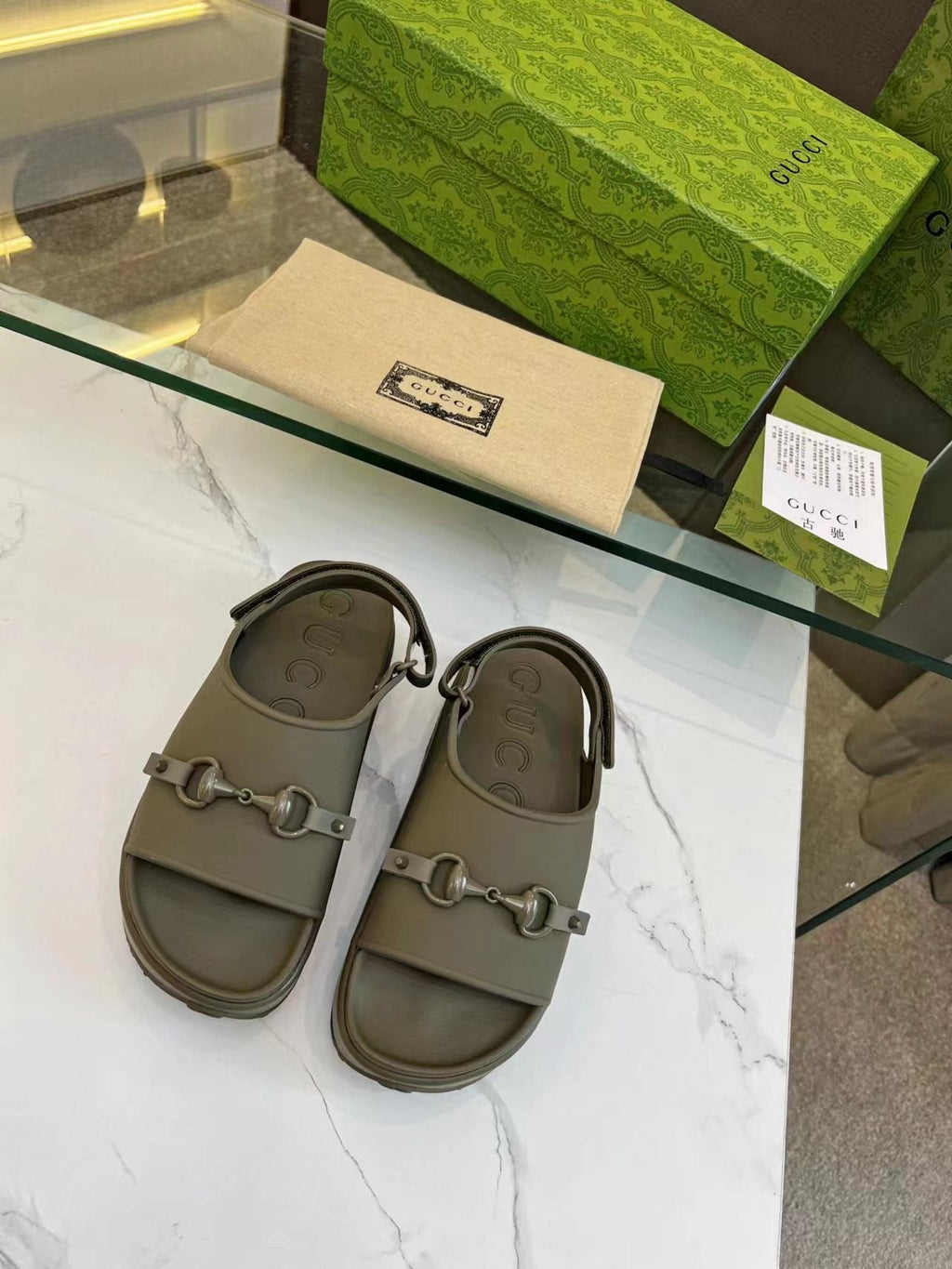 GUCCI HORSEBIT FLATFORM SANDAL 5 CM IN ARMY GREEN IMPORTED TPU