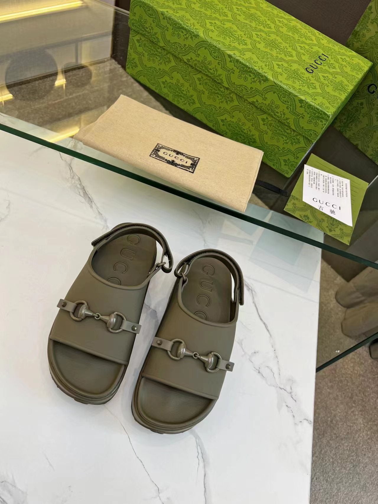 GUCCI HORSEBIT FLATFORM SANDAL 5 CM IN ARMY GREEN IMPORTED TPU