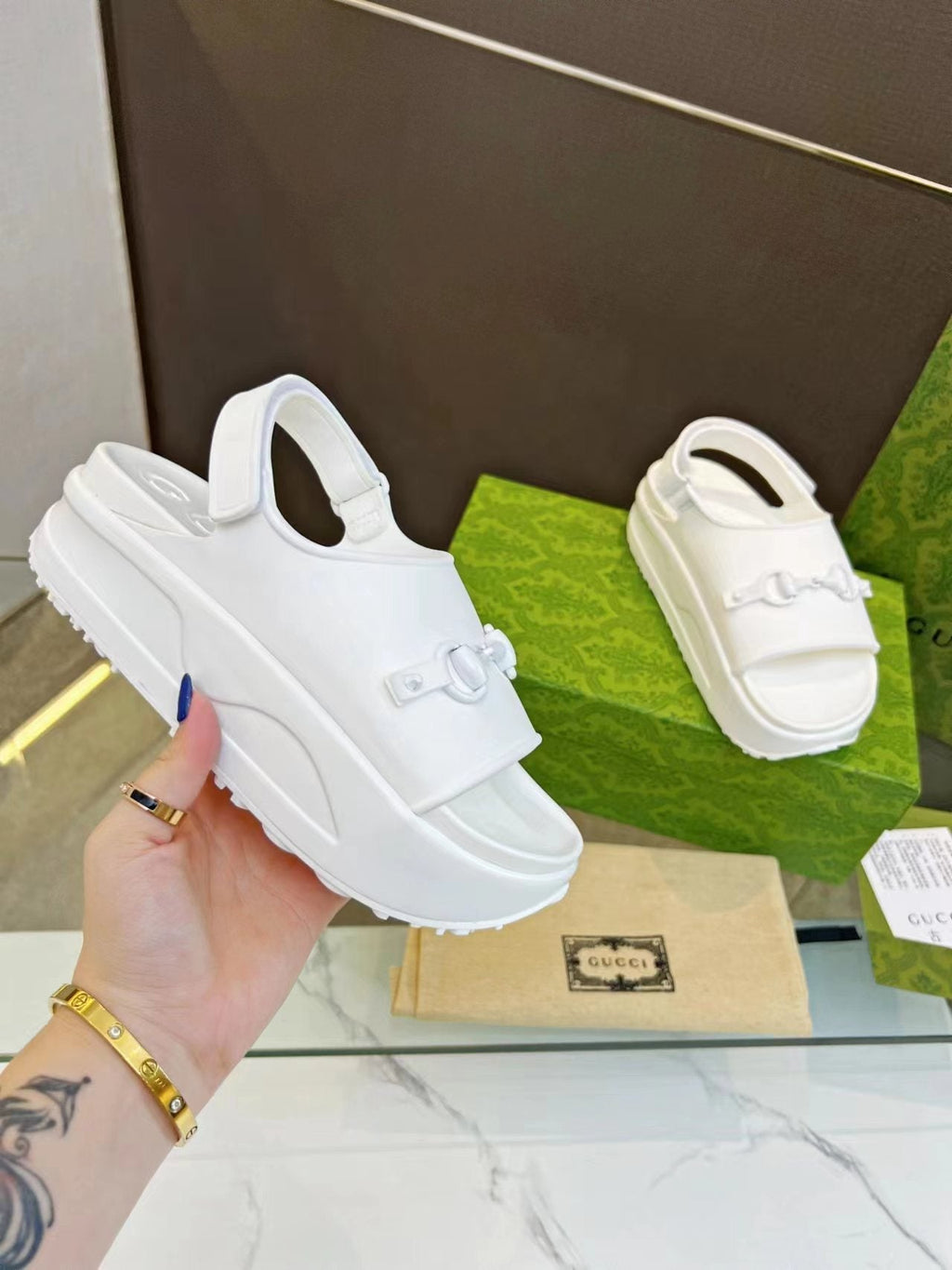 GUCCI HORSEBIT FLATFORM SANDAL 5 CM IN WHITE IMPORTED TPU