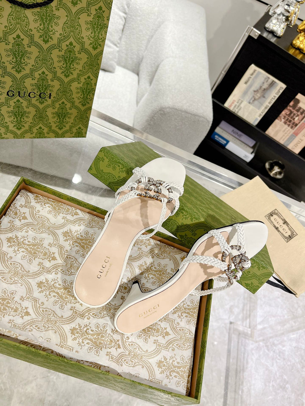 GUCCI CRYSTAL MID - HEEL WHITE CALFSKIN