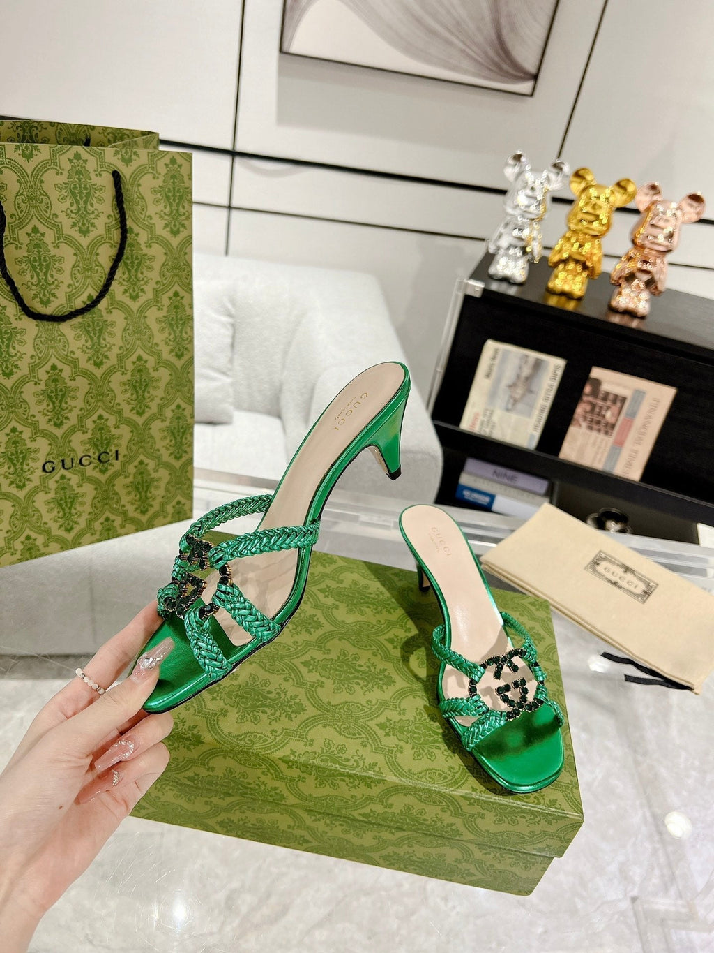 GUCCI CRYSTAL MID - HEEL JADE GREEN CALFSKIN