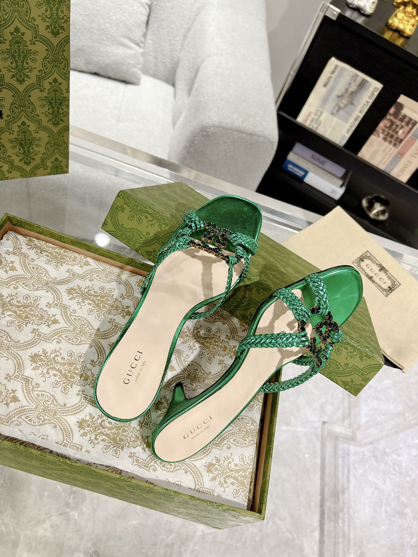 GUCCI CRYSTAL MID - HEEL JADE GREEN CALFSKIN
