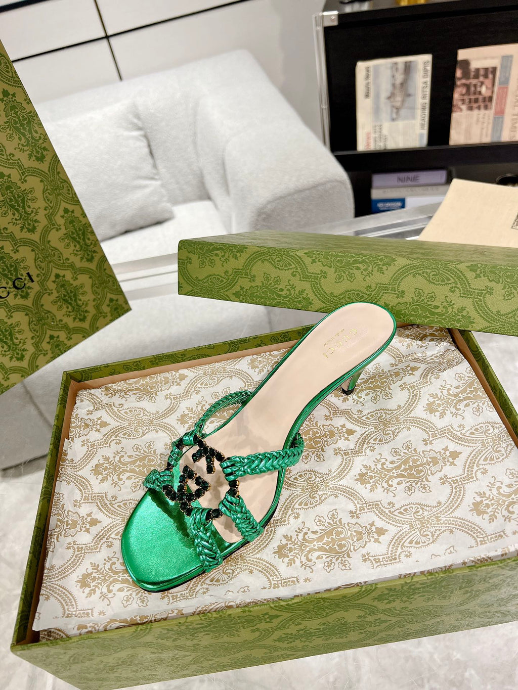 GUCCI CRYSTAL MID - HEEL JADE GREEN CALFSKIN