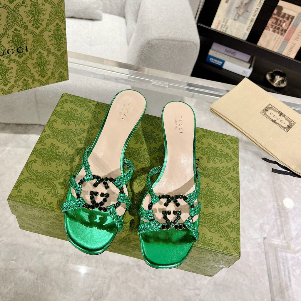 GUCCI CRYSTAL MID - HEEL JADE GREEN CALFSKIN