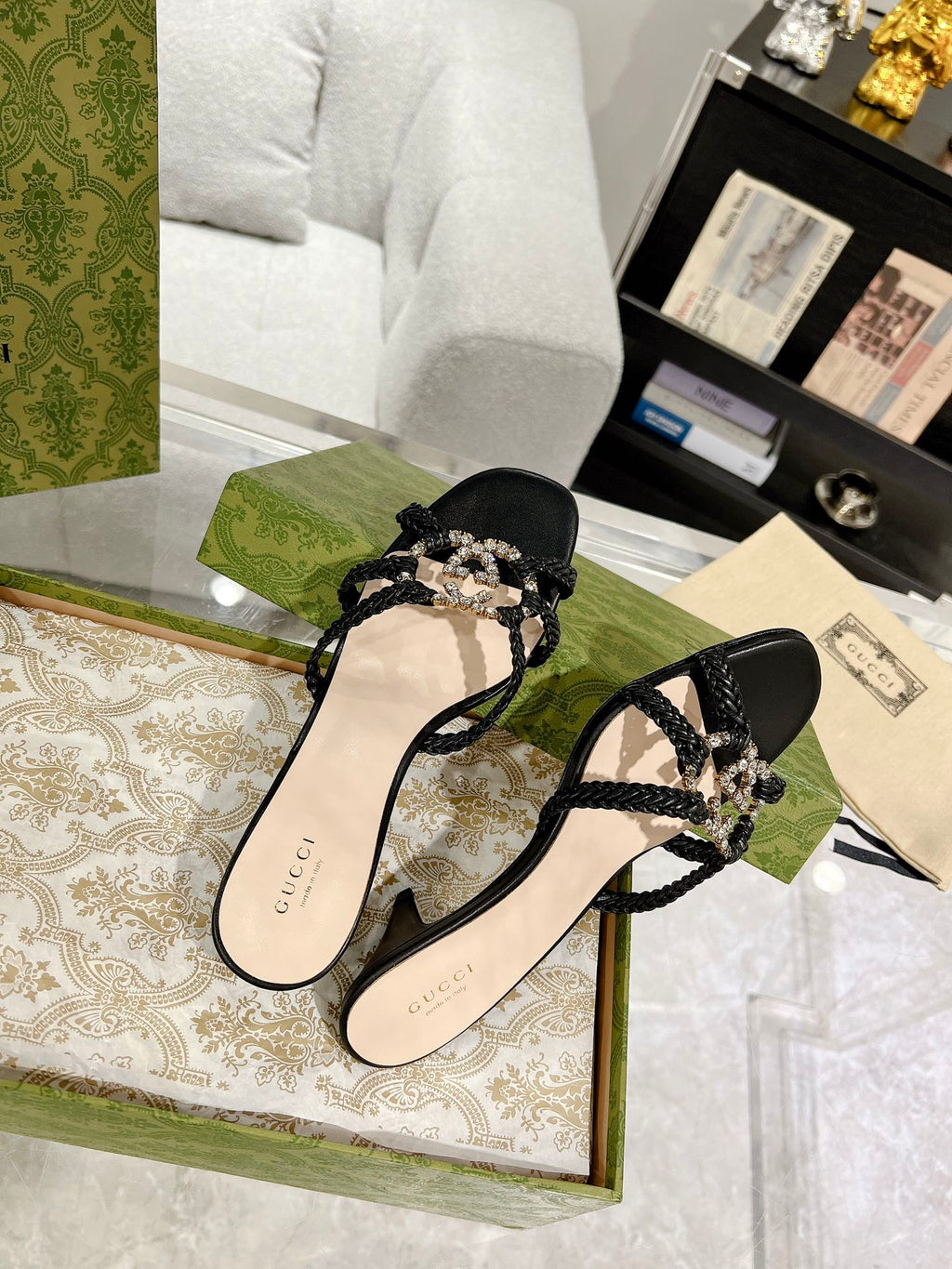 GUCCI CRYSTAL MID - HEEL BLACK CALFSKIN