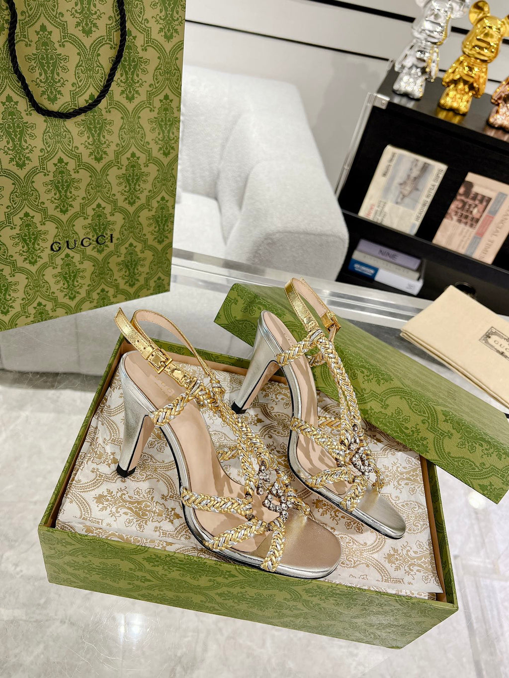 GUCCI CRYSTAL HIGH HEEL SANDAL SLIVER CALFSKIN SPECIAL