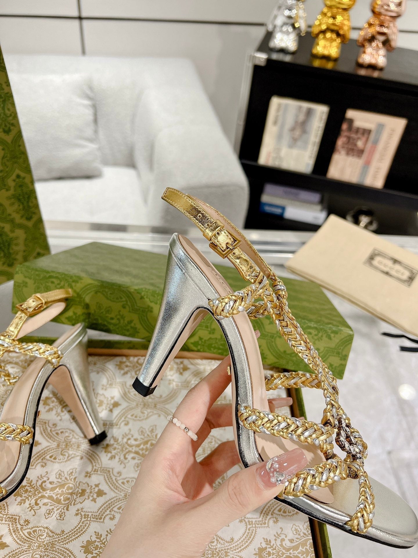 GUCCI CRYSTAL HIGH HEEL SANDAL SLIVER CALFSKIN SPECIAL