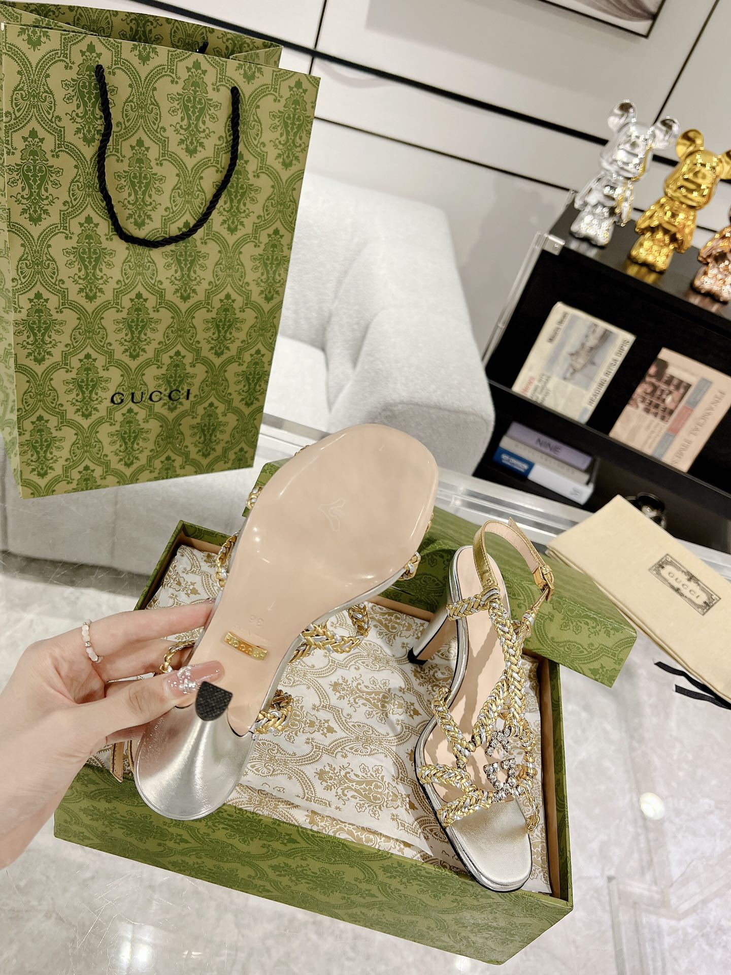 GUCCI CRYSTAL HIGH HEEL SANDAL SLIVER CALFSKIN SPECIAL