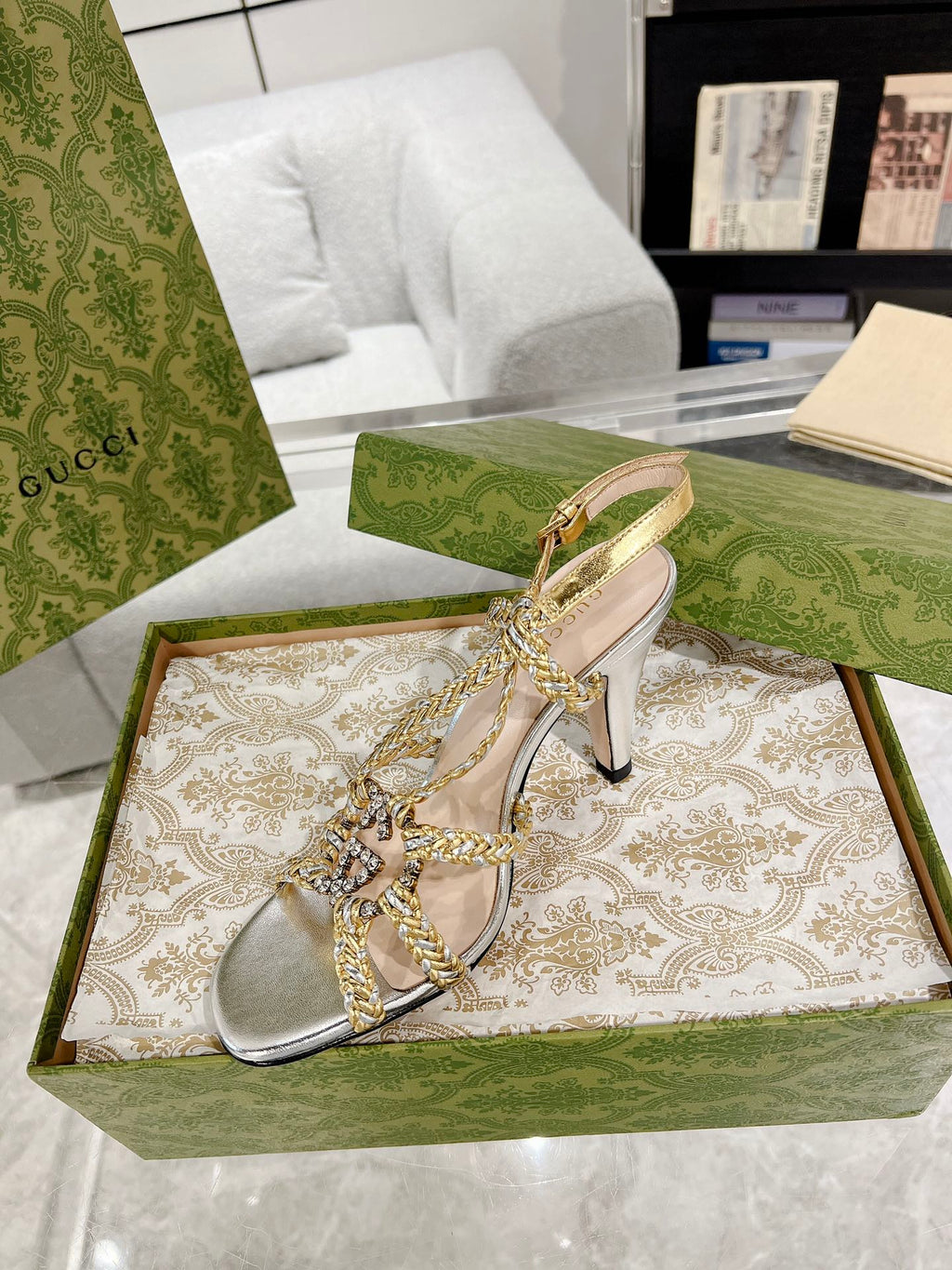 GUCCI CRYSTAL HIGH HEEL SANDAL SLIVER CALFSKIN SPECIAL