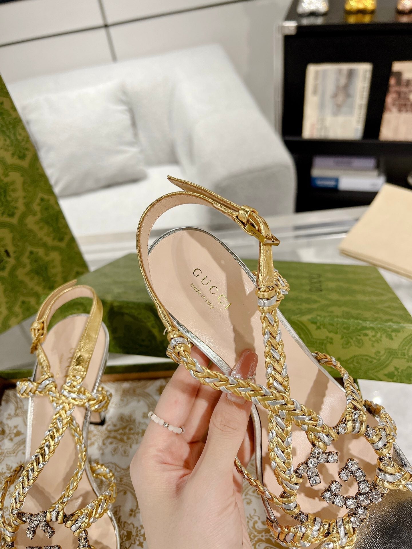 GUCCI CRYSTAL HIGH HEEL SANDAL SLIVER CALFSKIN SPECIAL