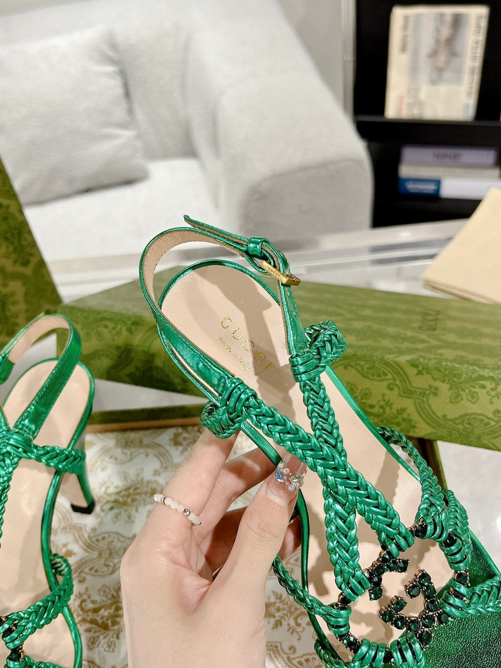 GUCCI CRYSTAL HIGH HEEL SANDAL JADE GREEN CALFSKIN SPECIAL