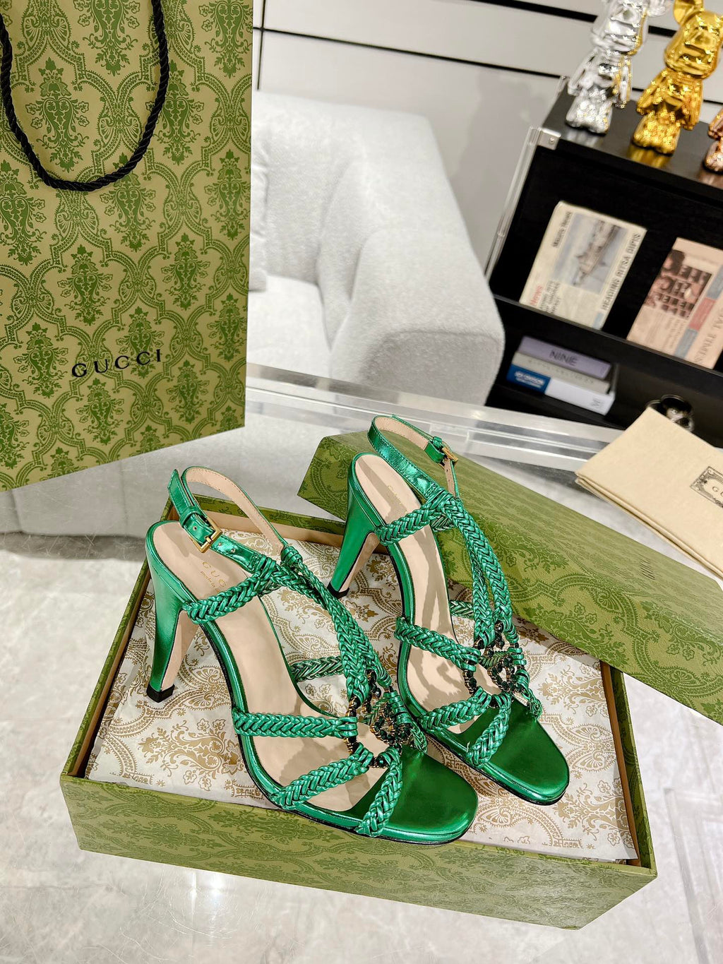 GUCCI CRYSTAL HIGH HEEL SANDAL JADE GREEN CALFSKIN SPECIAL