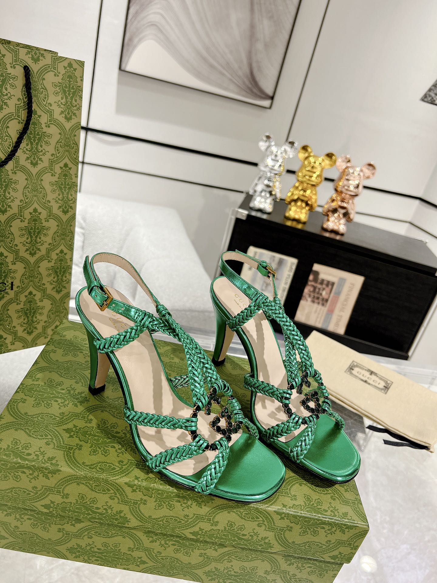 GUCCI CRYSTAL HIGH HEEL SANDAL JADE GREEN CALFSKIN SPECIAL