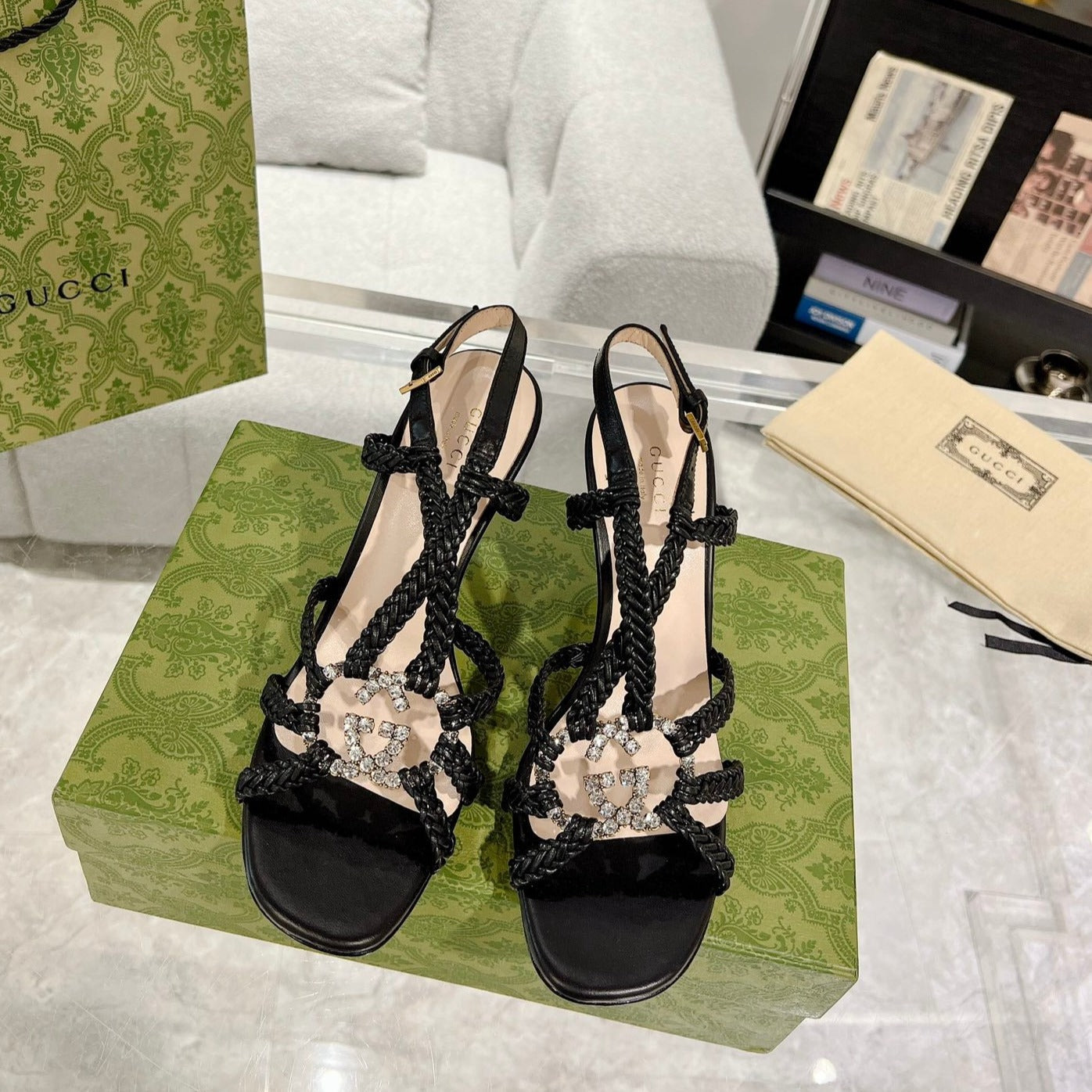 GUCCI CRYSTAL HIGH HEEL SANDAL BLACK CALFSKIN SPECIAL
