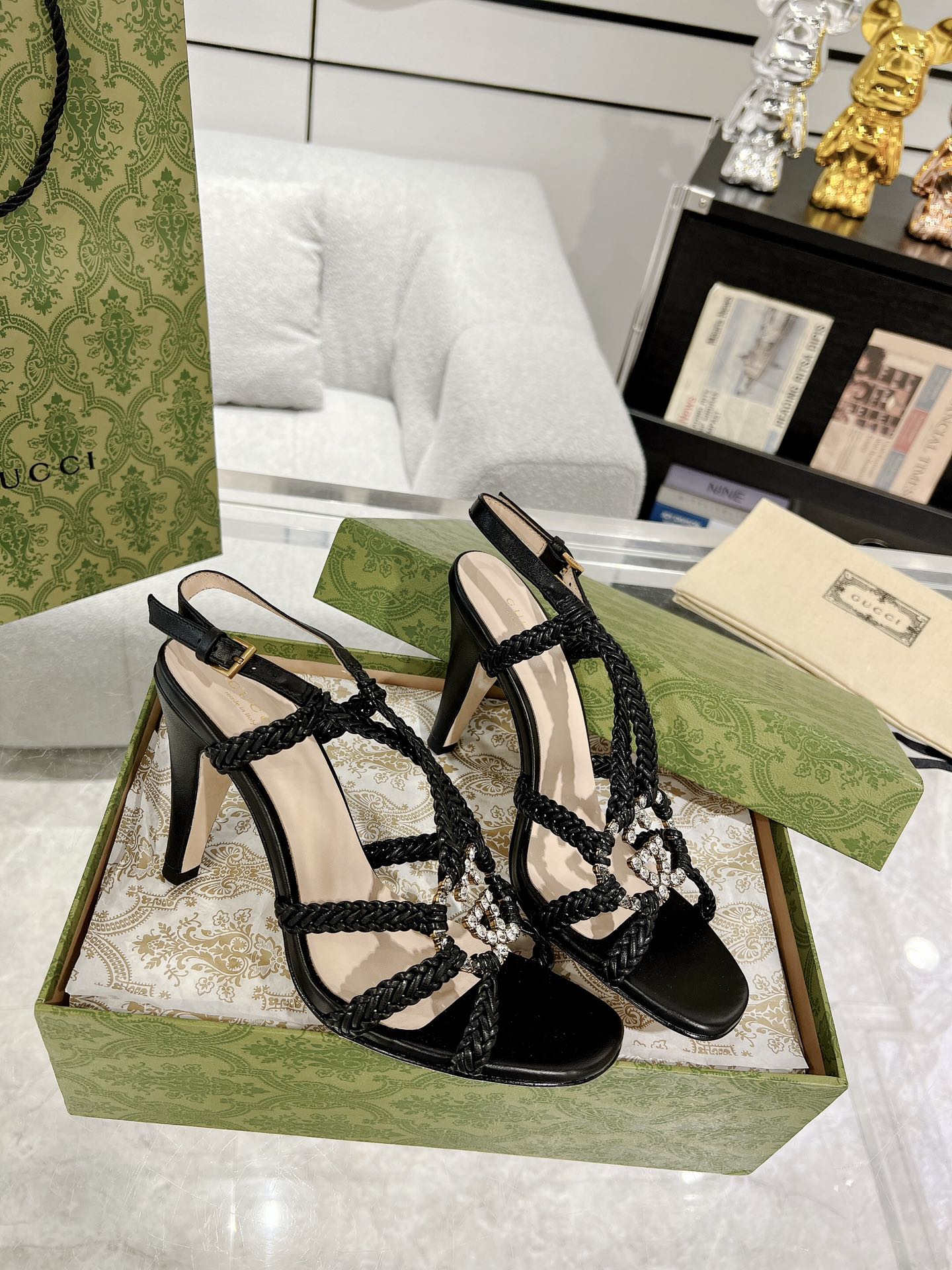 GUCCI CRYSTAL HIGH HEEL SANDAL BLACK CALFSKIN SPECIAL