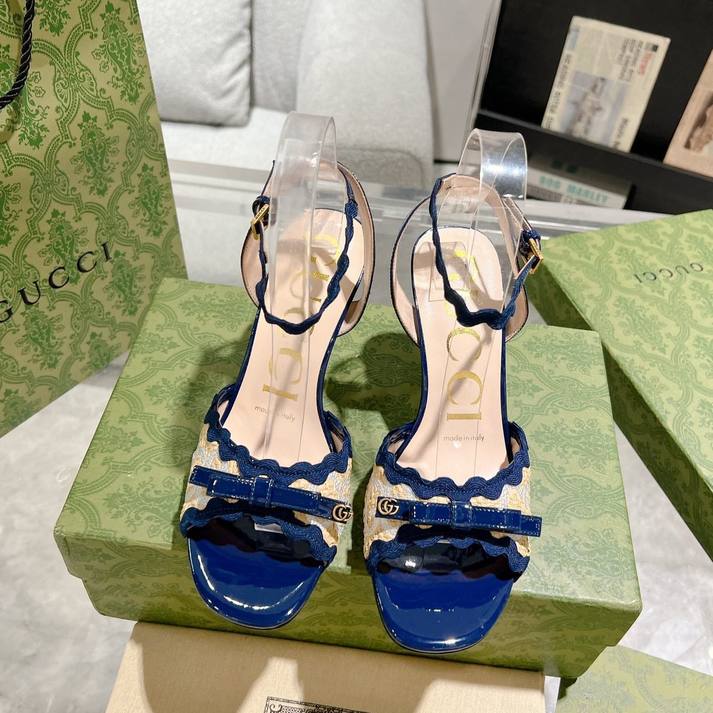 GUCCI HIGH - HEEL SANDAL AZURE FABRIC ATTACH BOW