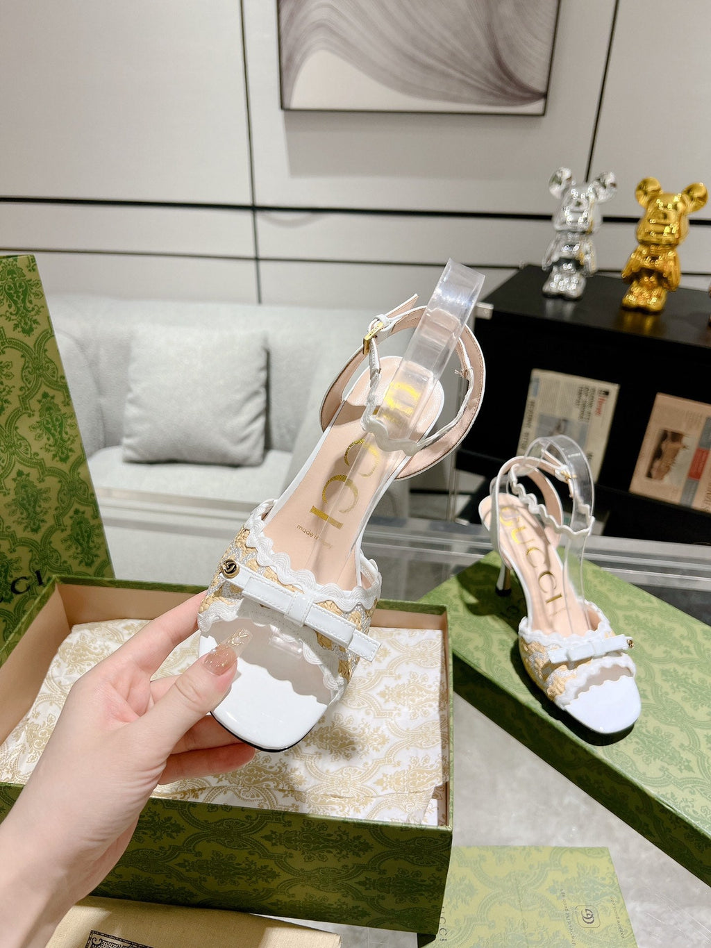 GUCCI HIGH - HEEL SANDAL WHITE FABRIC ATTACH BOW
