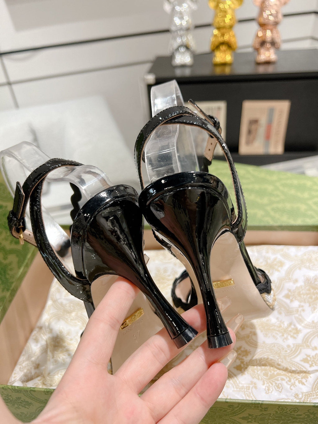 GUCCI HIGH - HEEL SANDAL BLACK FABRIC ATTACH BOW