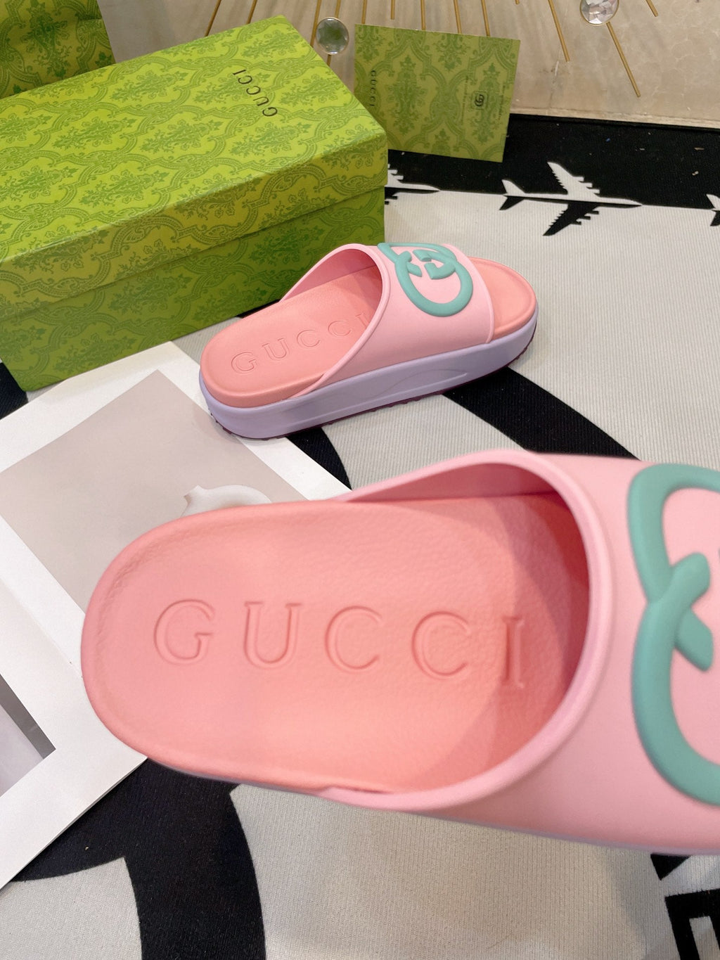 GUCCI INTERLOCKING G SLIDE SANDAL IN BABY PINK IMPORTED TPU