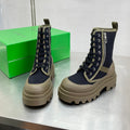 BOTTEGA VENETA RIBBON BOMBER LACE-UP BOOTS IN BLACK MIX OLIVE GREEN CANVAS