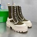 BOTTEGA VENETA RIBBON BOMBER LACE-UP BOOTS IN OLIVE GREEN MIX WHITE CANVAS