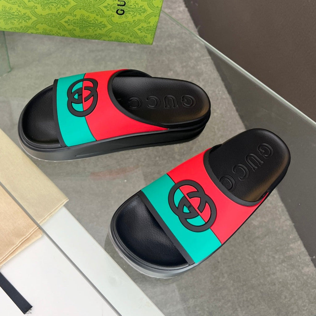 GUCCI INTERLOCKING G SLIDE SANDAL IN BLACK MIX COLORFUL IMPORTED TPU