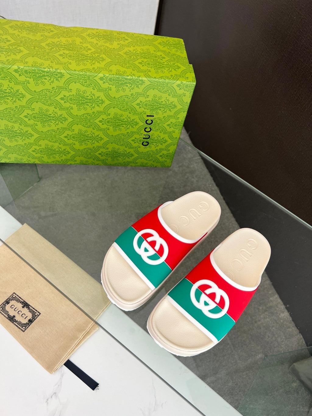 GUCCI INTERLOCKING G SLIDE SANDAL IN WHITE MIX COLORFUL IMPORTED TPU