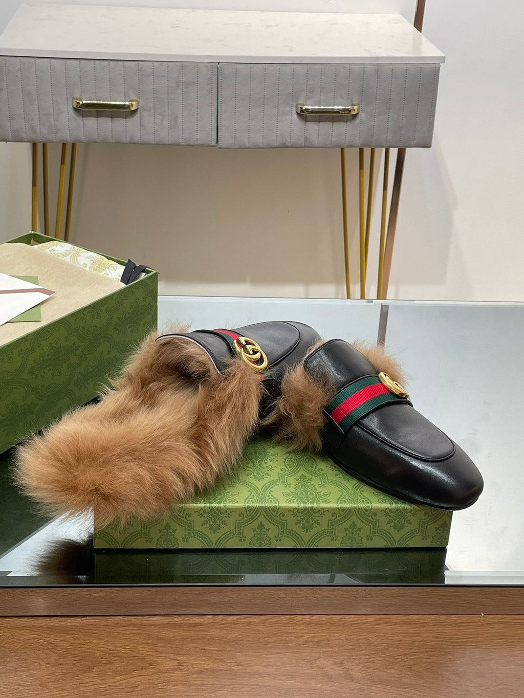 GUCCI 2015 RE-EDITION MEN'S PRINCETOWN IN BLACK CALFSKIN AND LAMB WOOL LINING