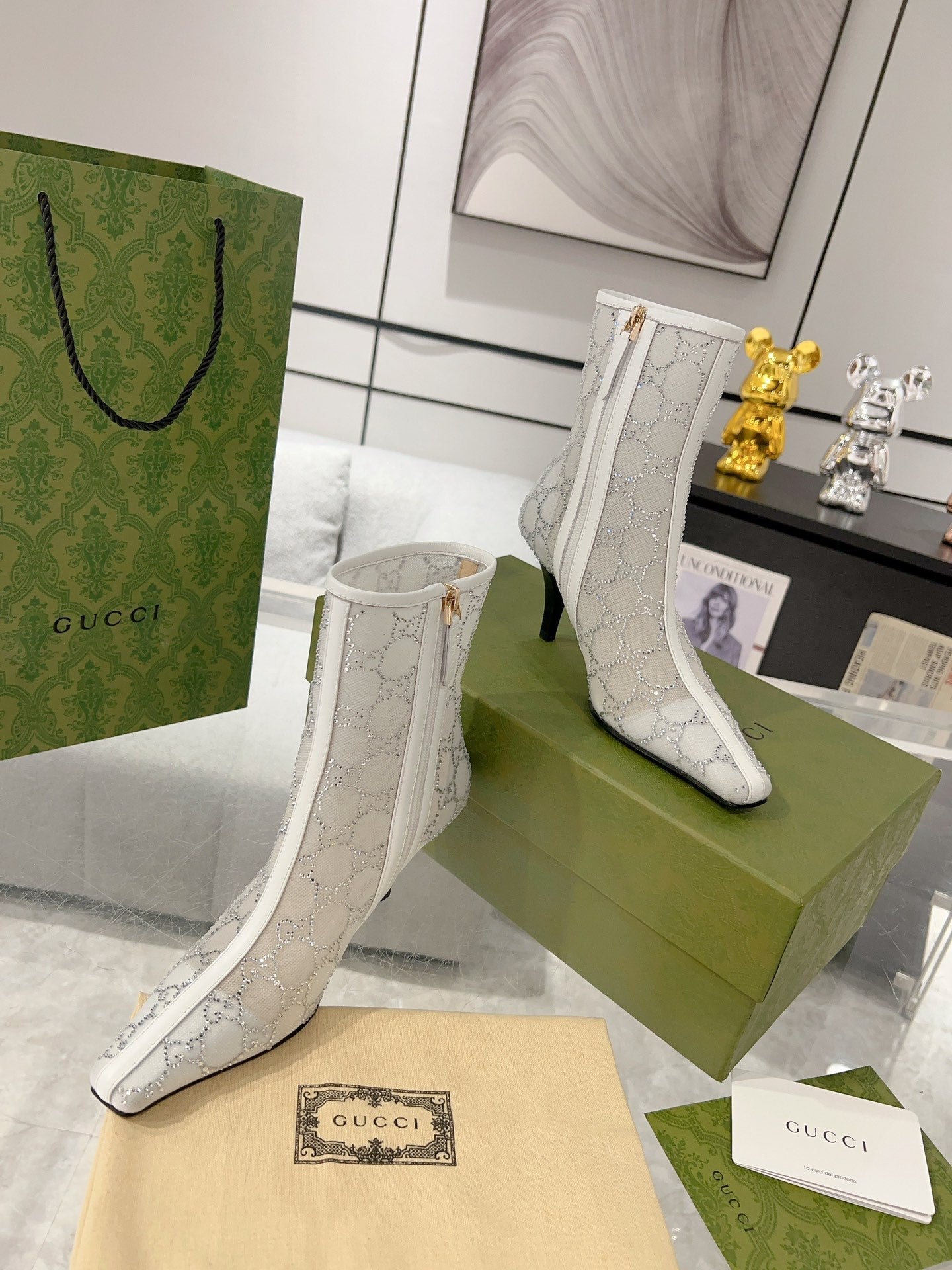 GUCCI ANKLE BOOTS IN WHITE MESH AND SHEEPSKIN WITH CRYSTALS