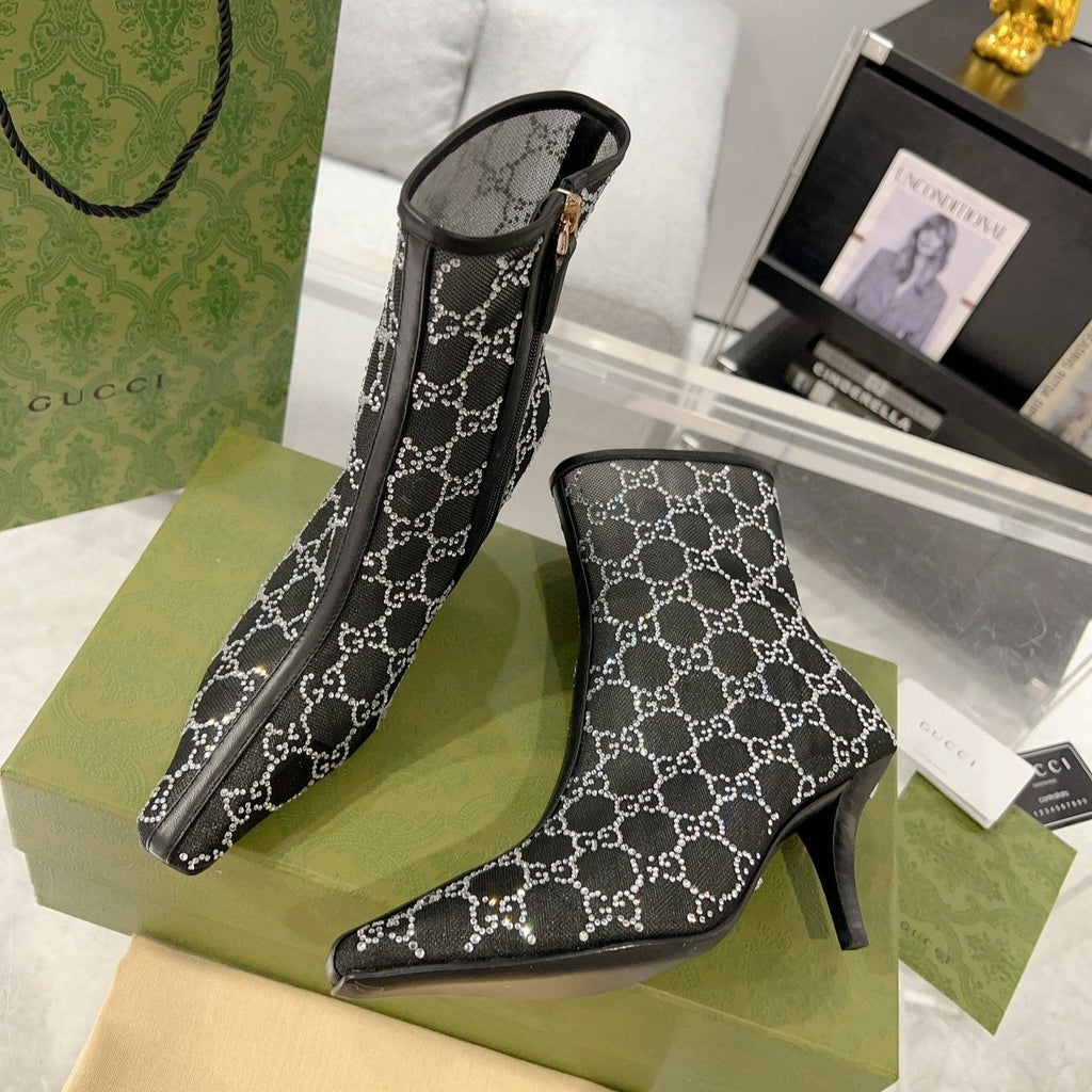 GUCCI ANKLE BOOTS IN BLACK MESH AND SHEEPSKIN WITH CRYSTALS