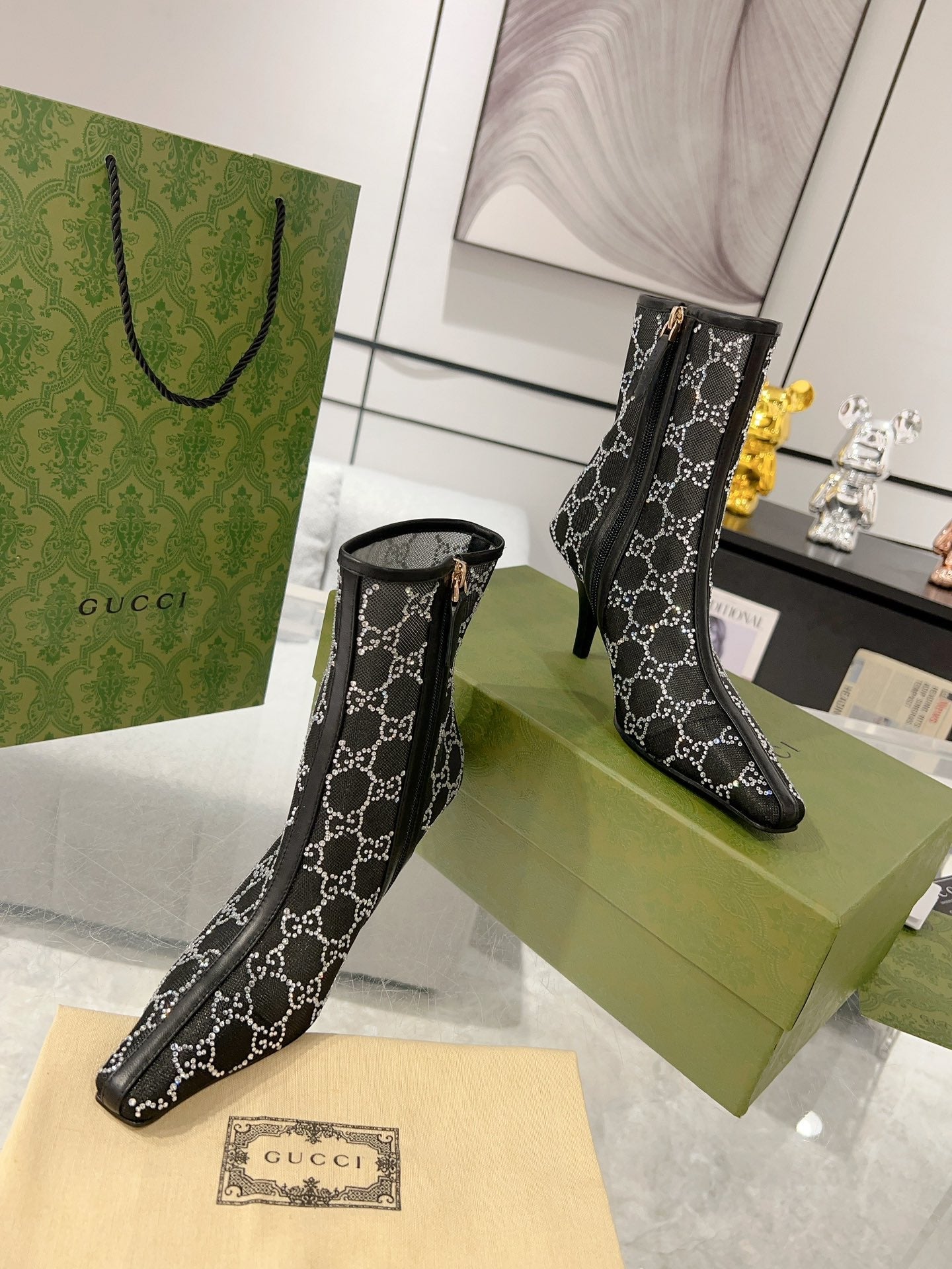GUCCI ANKLE BOOTS IN BLACK MESH AND SHEEPSKIN WITH CRYSTALS