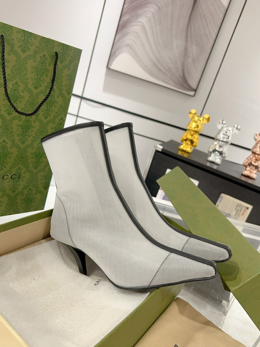 GUCCI ANKLE BOOTS IN WHITE MIX BLACK MESH AND SHEEPSKIN