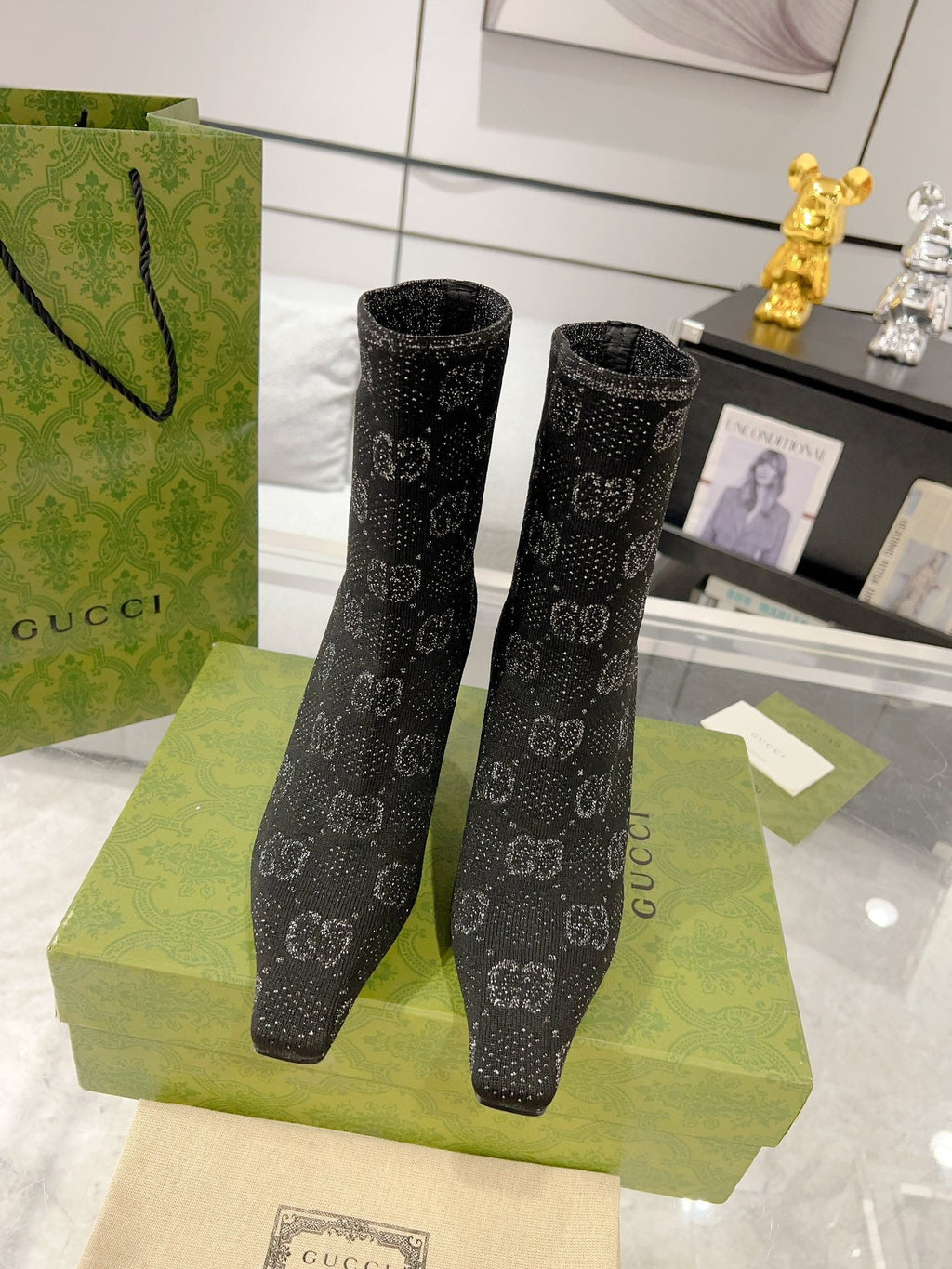 GUCCI ANKLE BOOTS IN BLACK KNITTED FABRIC