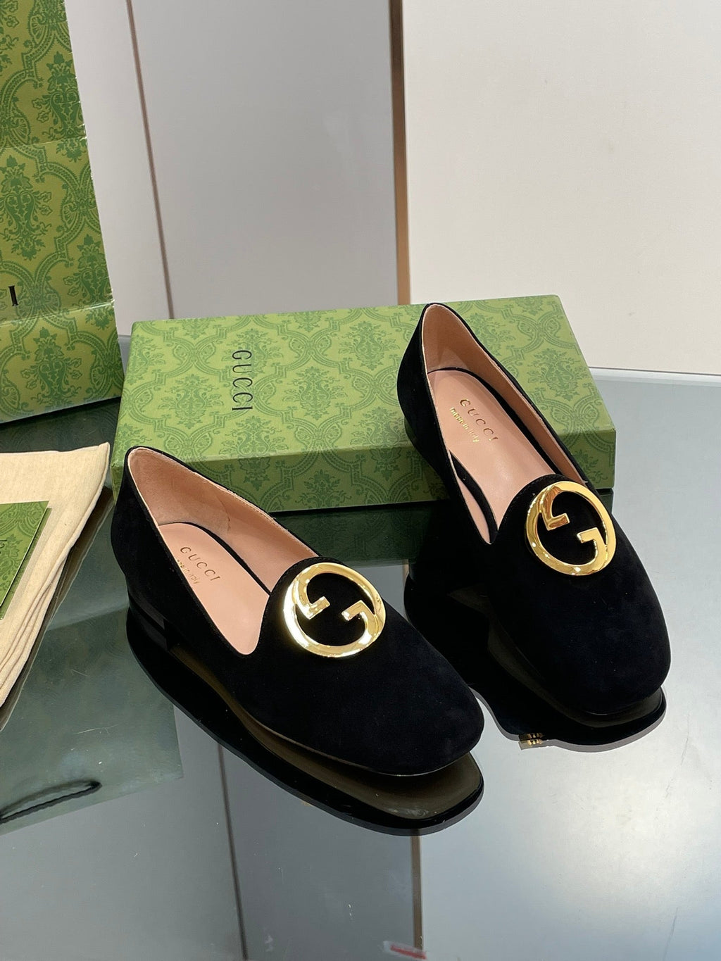 GUCCI BLONDIE LOGO-PLAQUE LOAFERS IN BLACK SUEDE WITH GOLD HARDWARE