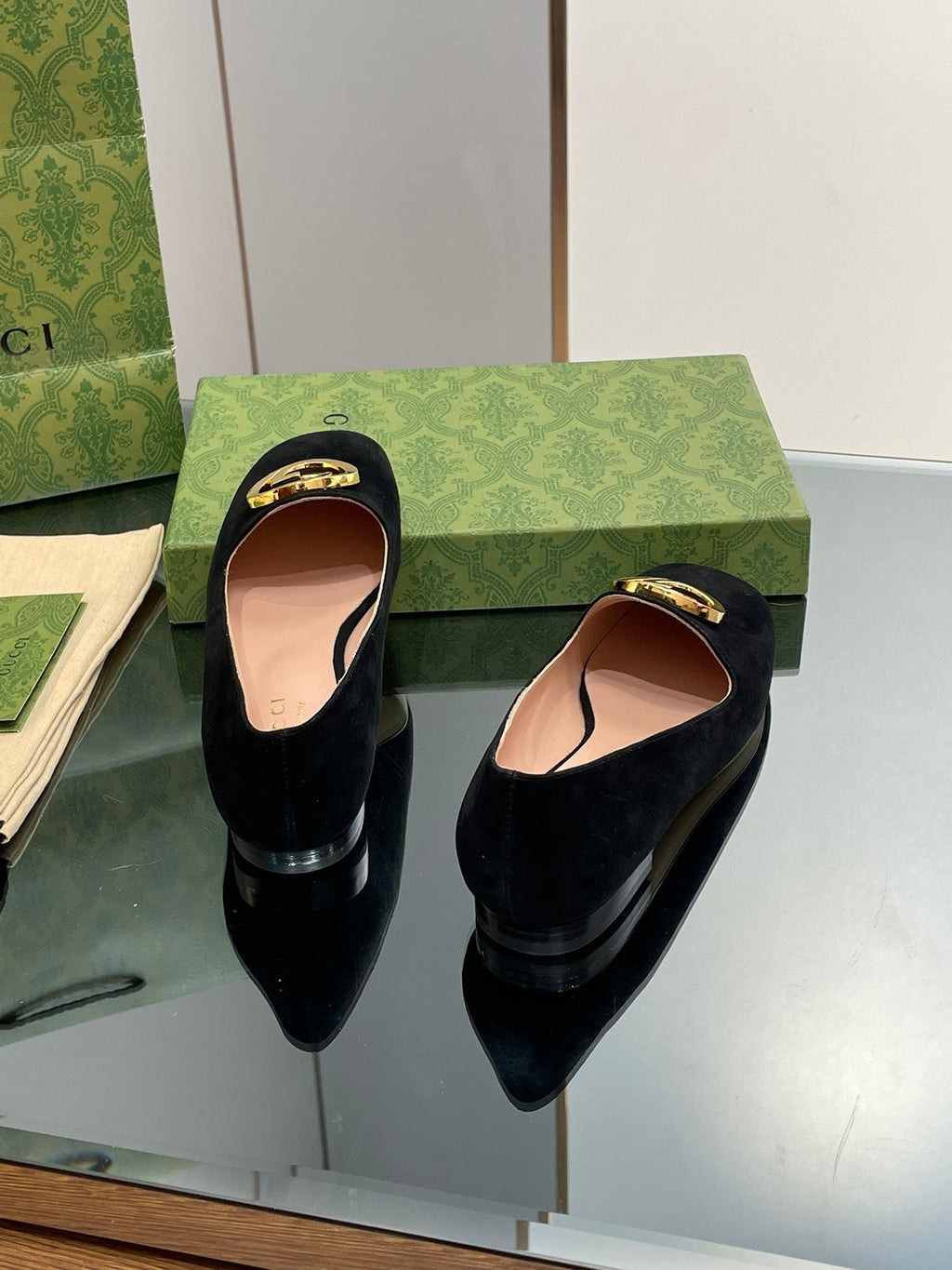 GUCCI BLONDIE LOGO-PLAQUE LOAFERS IN BLACK SUEDE WITH GOLD HARDWARE