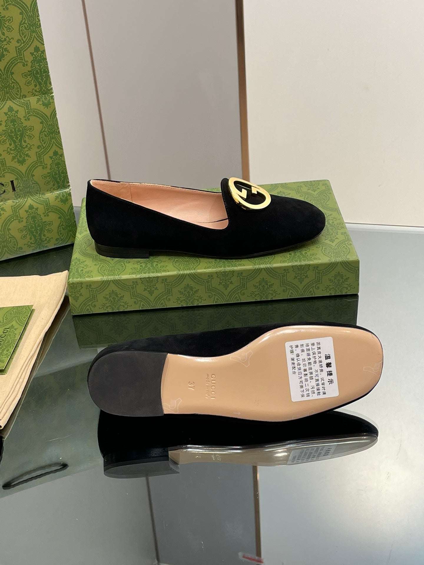 GUCCI BLONDIE LOGO-PLAQUE LOAFERS IN BLACK SUEDE WITH GOLD HARDWARE