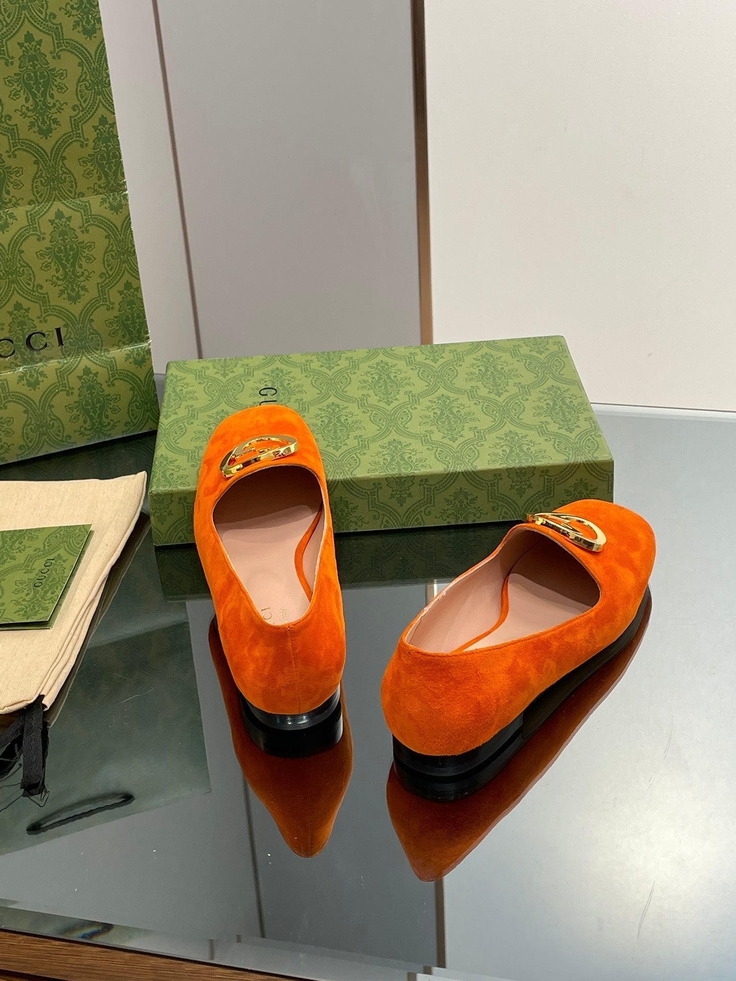 GUCCI BLONDIE LOGO-PLAQUE LOAFERS IN TIGER ORANGE SUEDE WITH GOLD HARDWARE