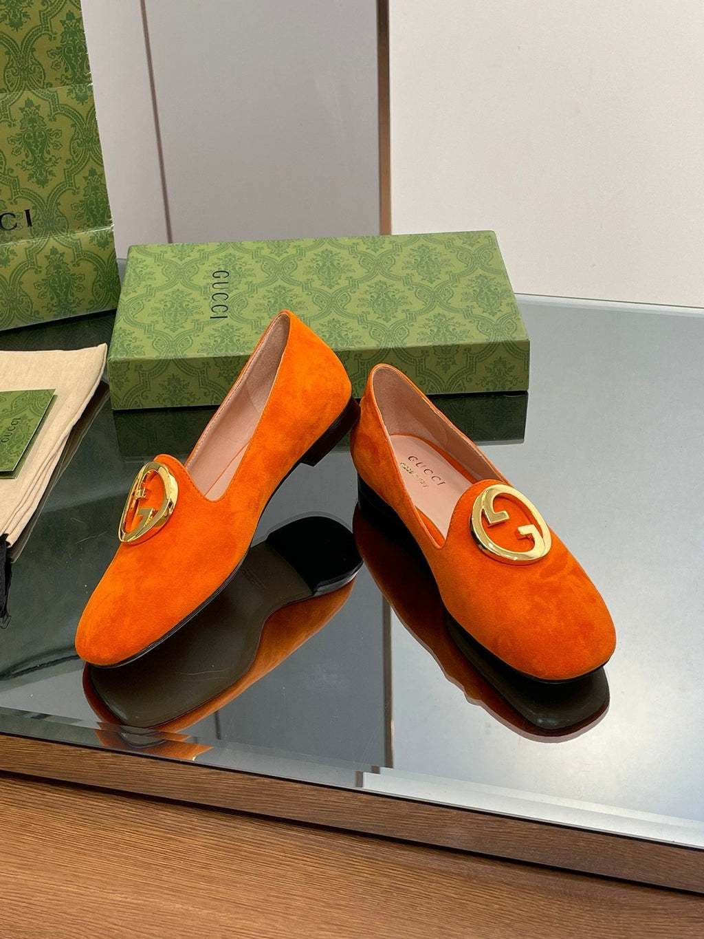 GUCCI BLONDIE LOGO-PLAQUE LOAFERS IN TIGER ORANGE SUEDE WITH GOLD HARDWARE