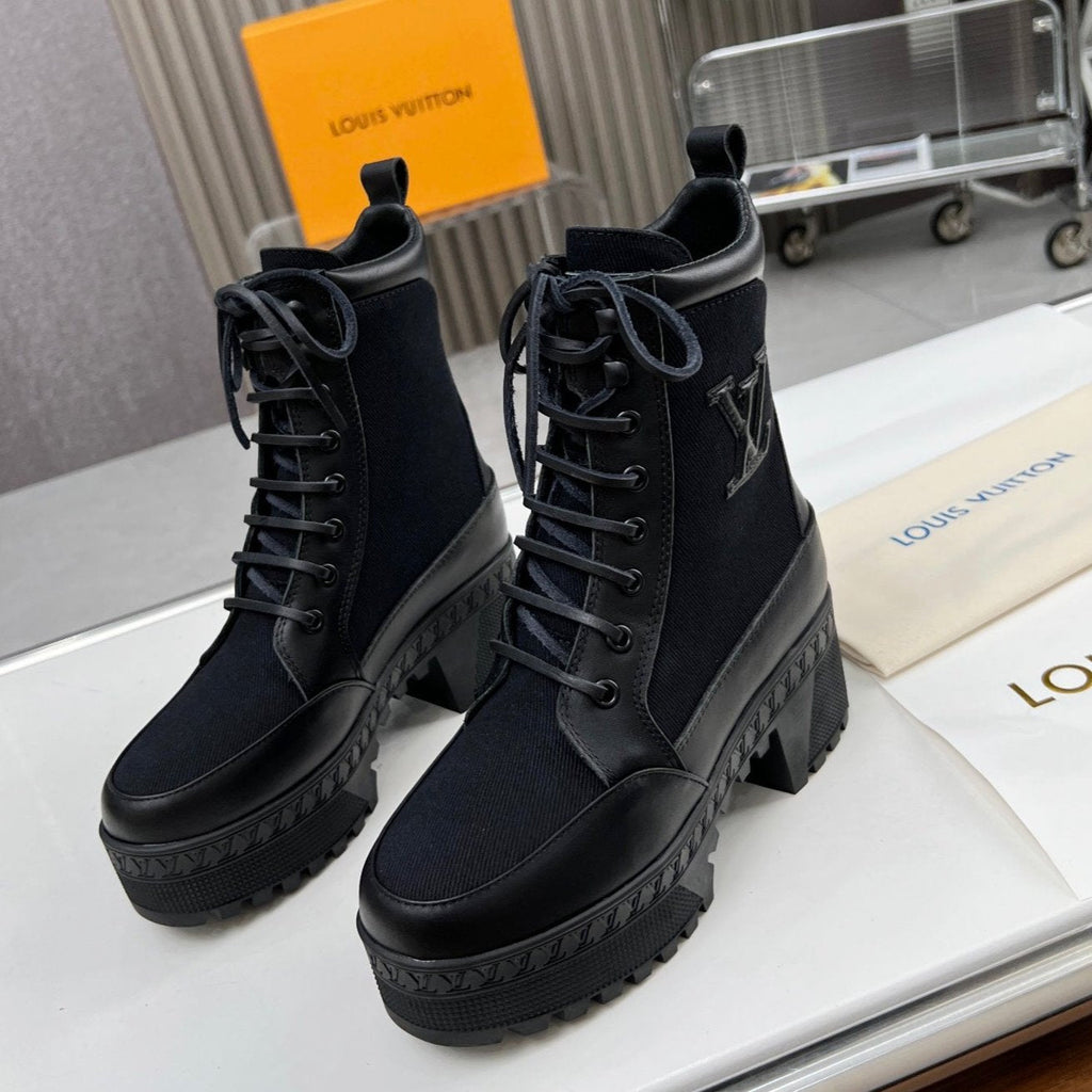 LOUIS VUITTON LAUREATE PLATFORM DESERT BOOT IN BLACK JACQUARD AND CALFSKIN