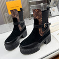 LOUIS VUITTON LAUREATE PLATFORM DESERT BOOT IN BLACK SUEDE AND BROWN CALFSKIN
