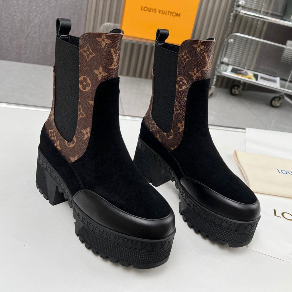 LOUIS VUITTON LV WOMEN SHORT BOOT IN BLACK SUEDE AND CHOCOLATE BROWN CALFSKIN